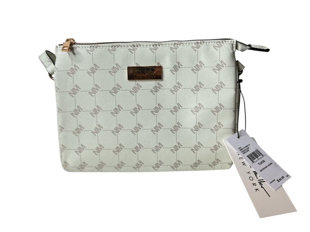 Nicole Miller Creme Gold Logo Crossbody & Earbud Case Purse
